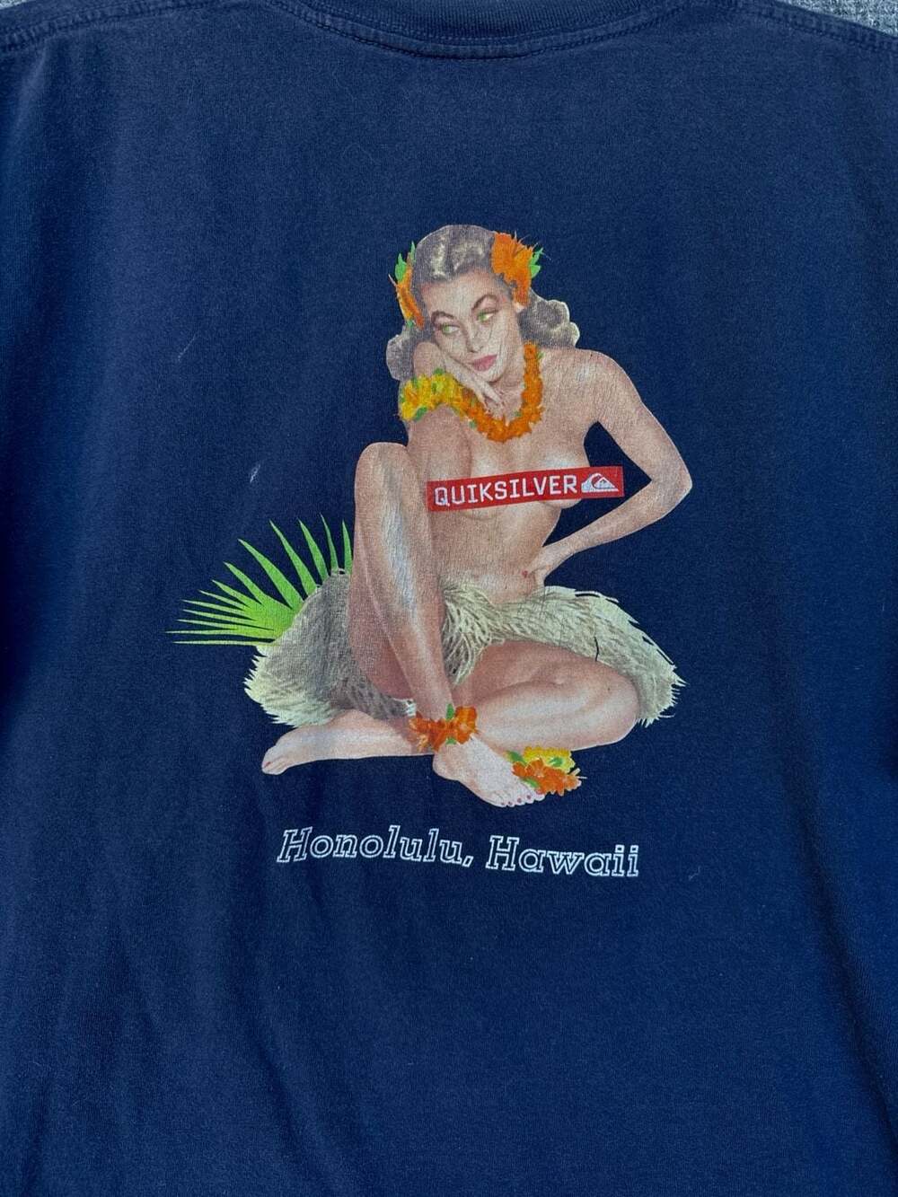 Vintage Quiksilver Honolulu Hawaii Hula Girl Graphic Shirt Navy Blue Size Large